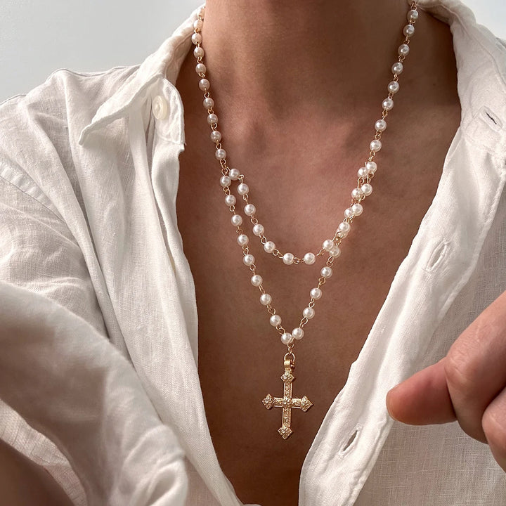 Saint Pearl Cross Necklace